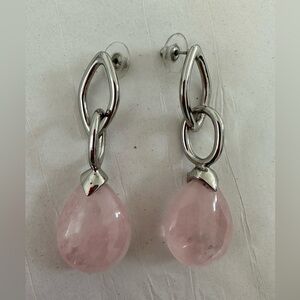 Silver pierced drop earrings with 1” natural pink stone